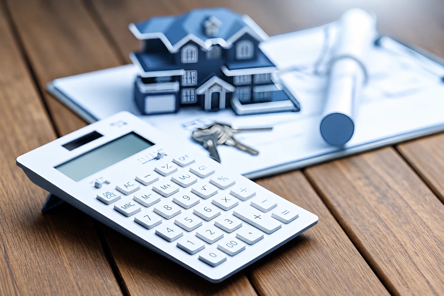 A calculator, house keys and a model house on a desk