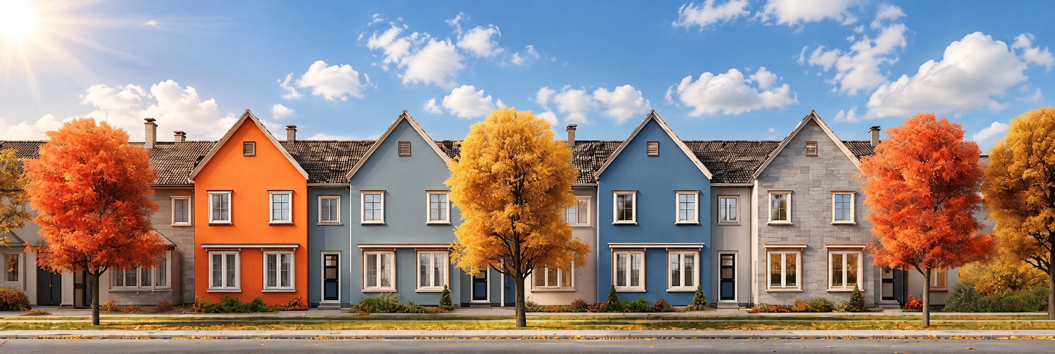 A row of colourful terraced houses behind autumn trees