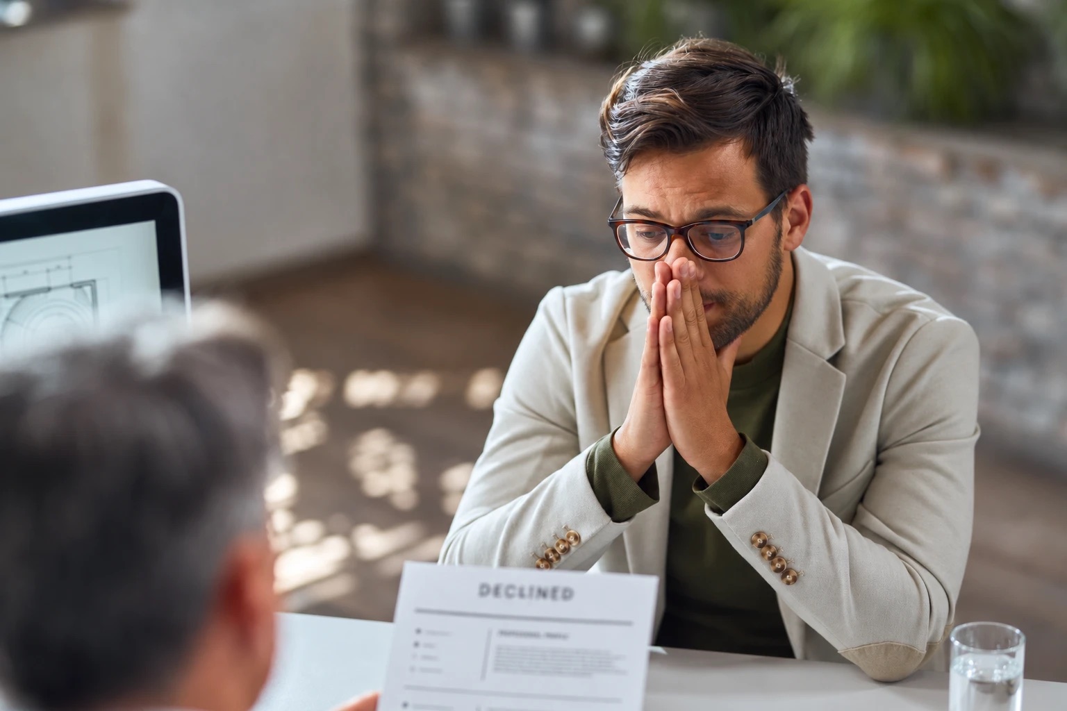 A worried man in glasses across the desk from an adviser holding a declined application