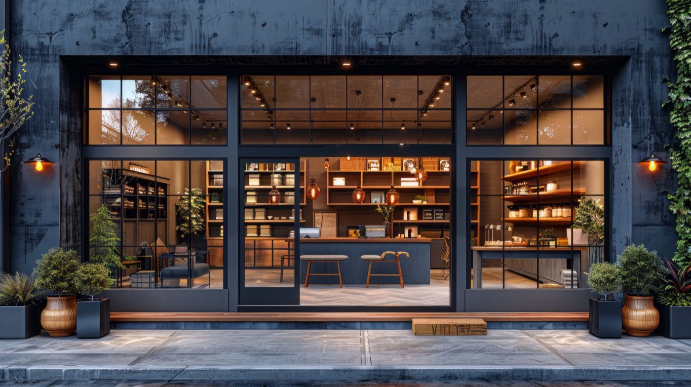 A modern shopfront with large glass windows and warm lighting inside