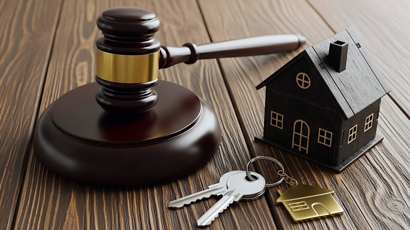 A judge's gavel beside a model house and a set of house keys on a wooden desk